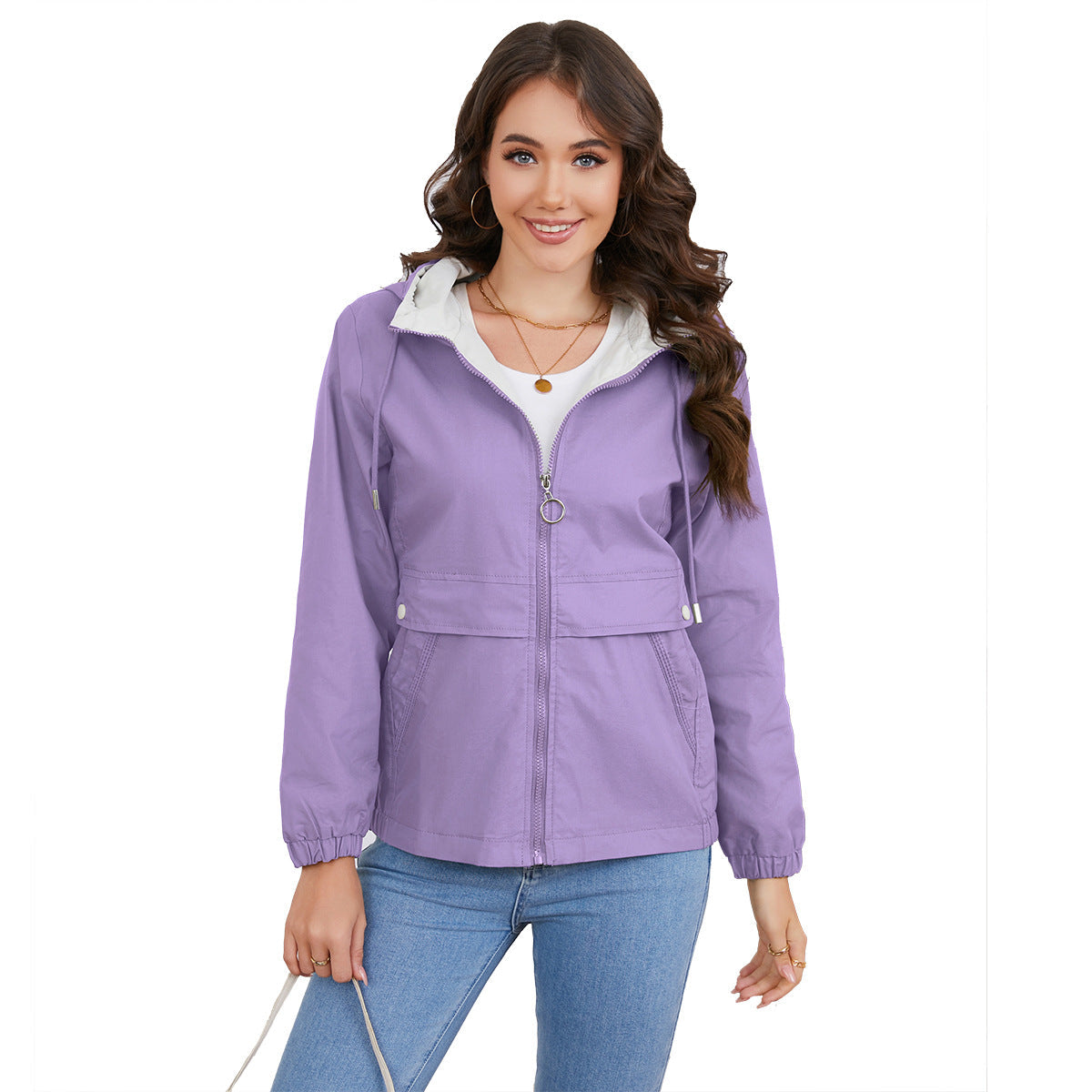 Hooded solid color trench coat for women in a classic longline design