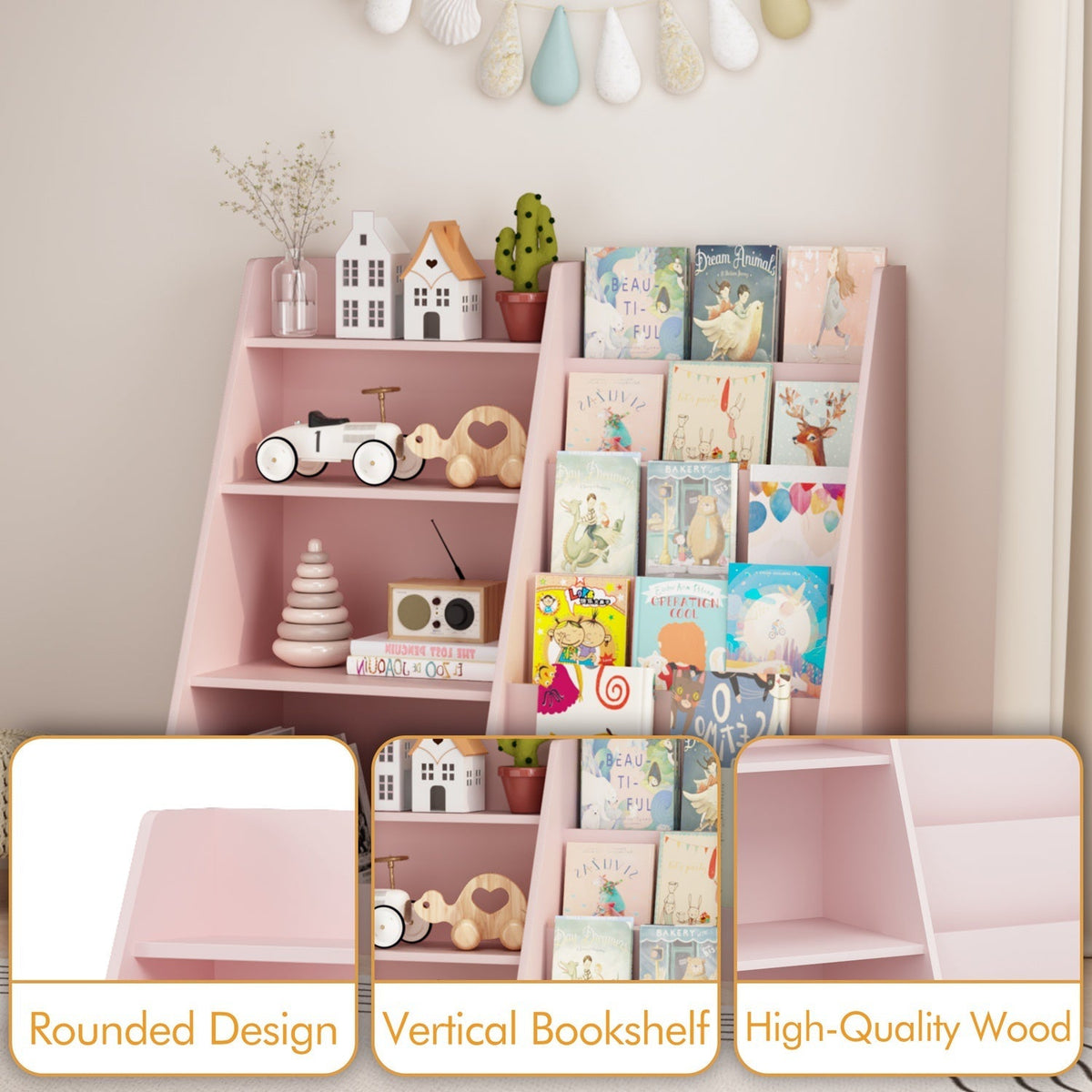 Kids bookshelf with toy storage organizer by GBruno Store, multi-tier design, 34.65 inches tall, featuring colorful books and toys.
