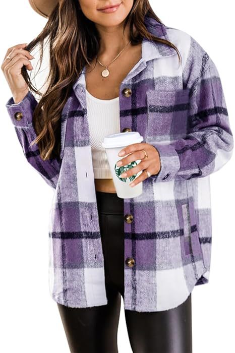 Women's woolen plaid pocket shirt casual jacket by My Store, front view