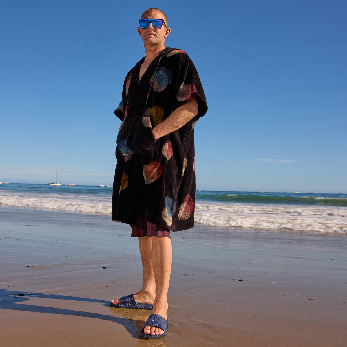 Fleks East Beach Slide in Deep Blue Sea showing comfortable slide sandals with wide strap and cushioned footbed.