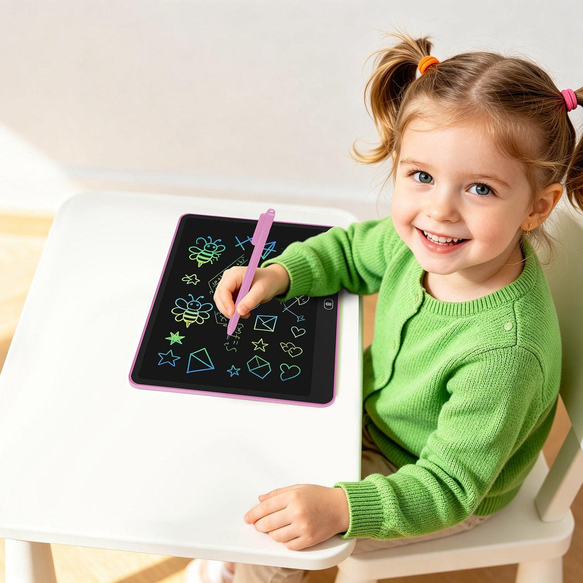 GBruno Store LCD writing tablet for kids with stylus and lock function, showing a colorful drawing on the screen.