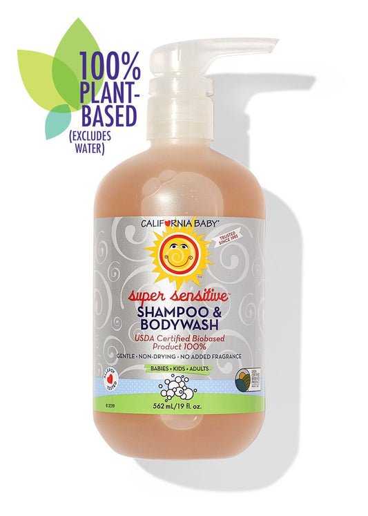 California Baby No Fragrance Super Sensitive Shampoo & Bodywash in 8.5oz bottle, gentle for sensitive skin, suitable for hair and body.