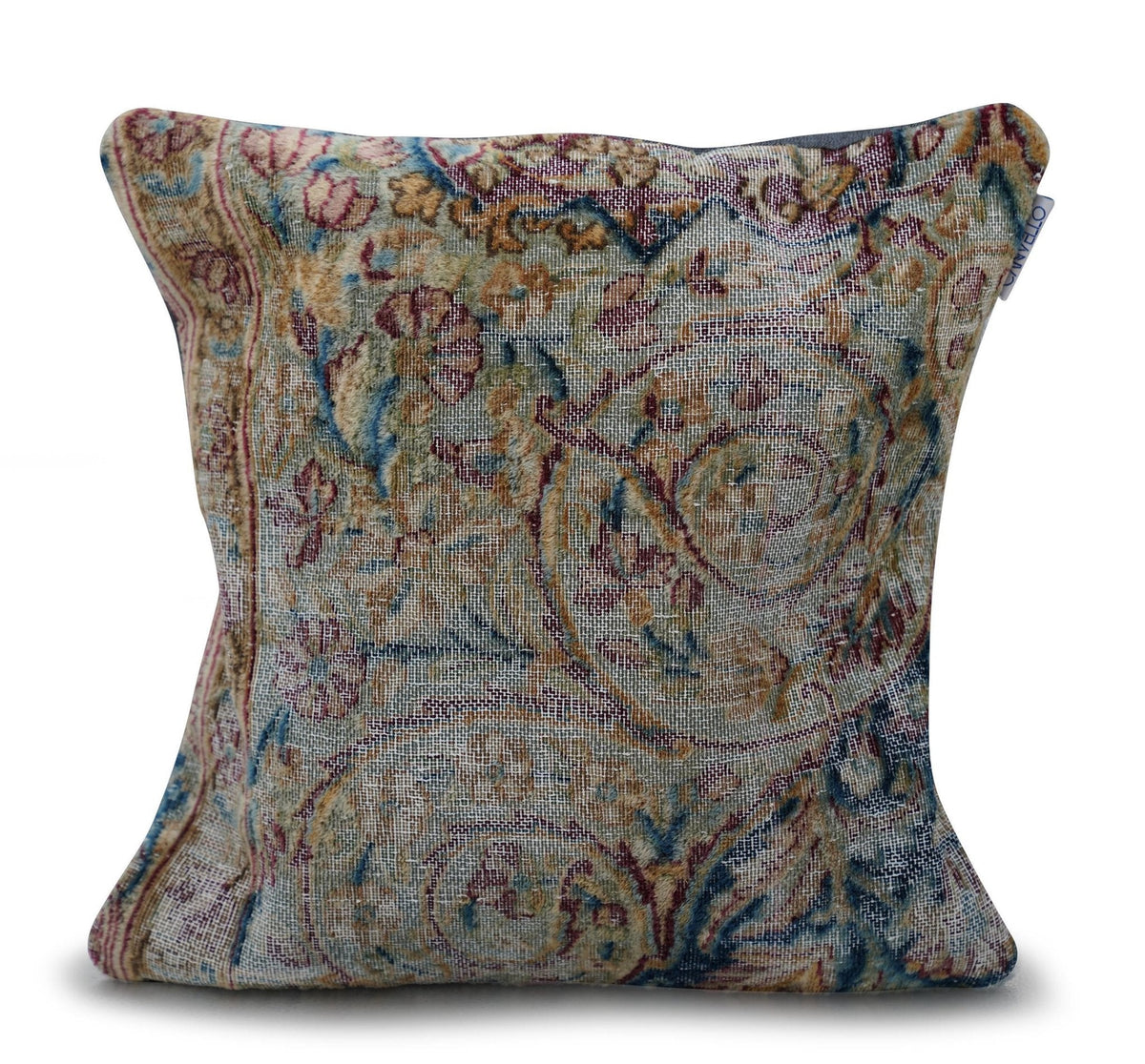 Canvello Handmade Kerman Rug antique throw pillow, 18x18 inches, with intricate traditional Persian-inspired design and rich colors.