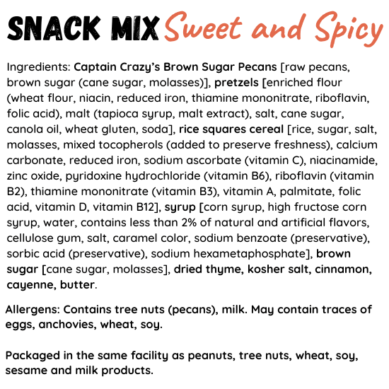Captain Crazy's Nuts and Fine Snacks Sweet & Spicy Nutty Snack Mix with bold, crunchy texture and colorful ingredients in a bowl.