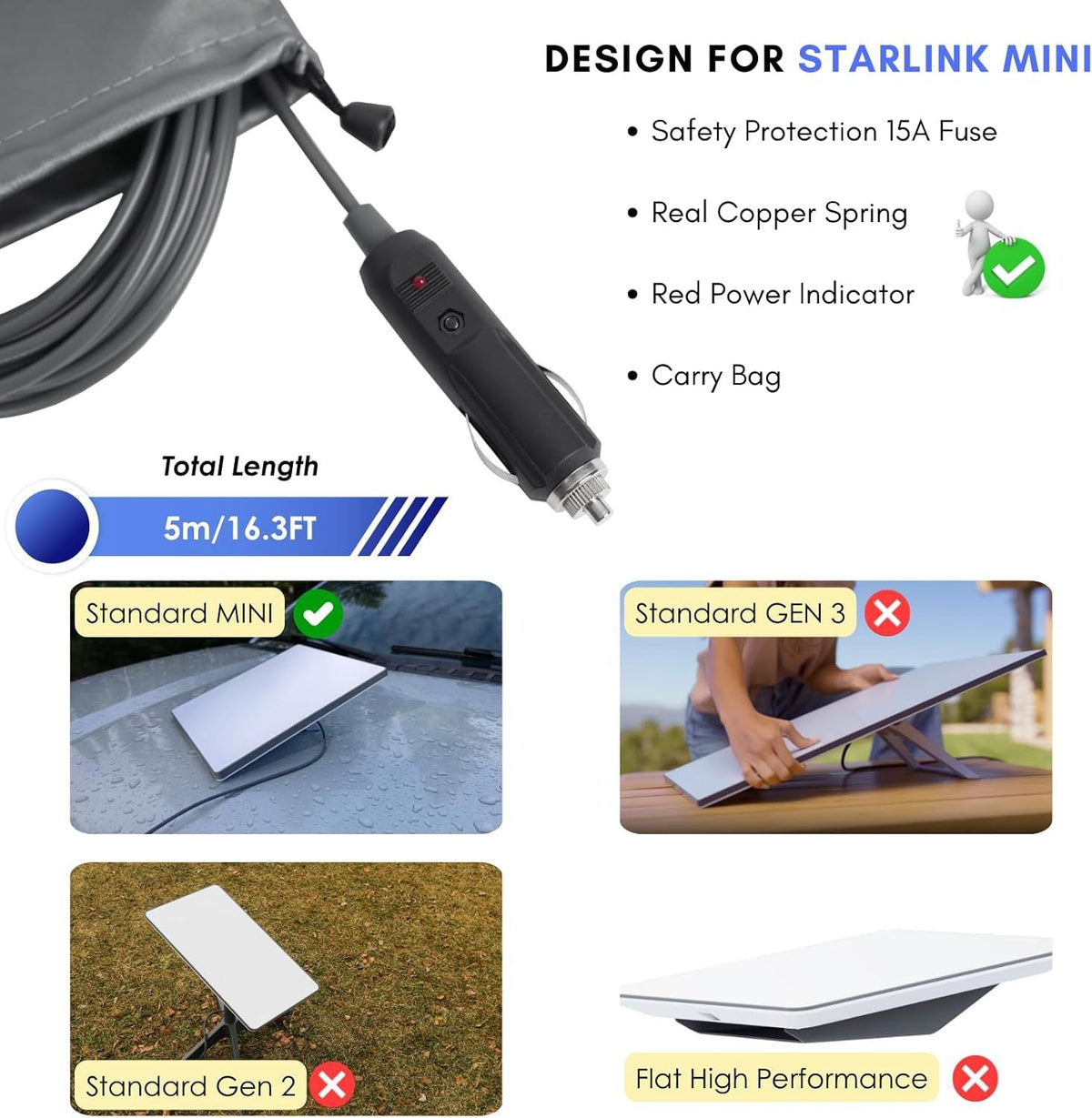 Starlink Mini 12V-24V car cigarette lighter to DC power cable by Tesery, 3 to 10 meters long, for vehicle power connection.