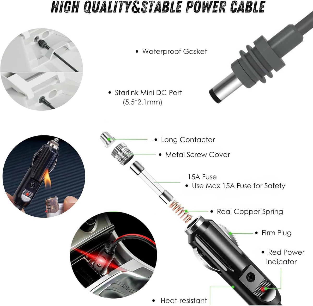 Car cigarette lighter to DC power cable for Starlink Mini, Tesery brand, 12V-24V vehicle connection, 3M-10M length.