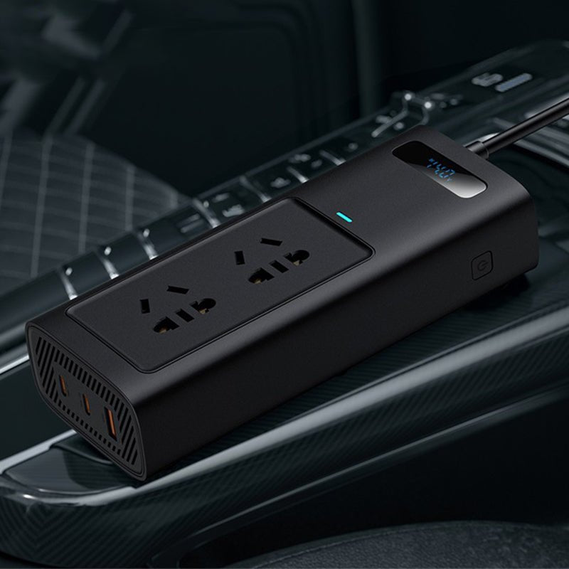 Tesla Model 3/Y 150W car power inverter with EU outlets, LCD display, and smart cooling for digital accessories.