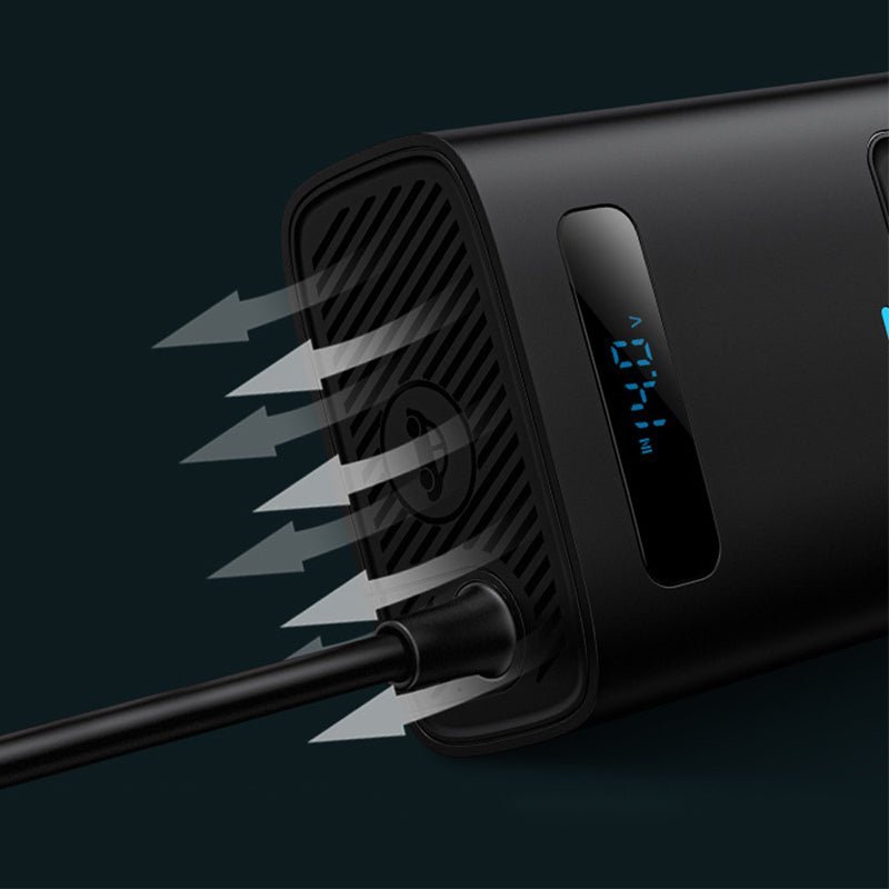 Tesla Model 3/Y 150W car power inverter with EU outlets, LCD display, and smart cooling for digital accessories.