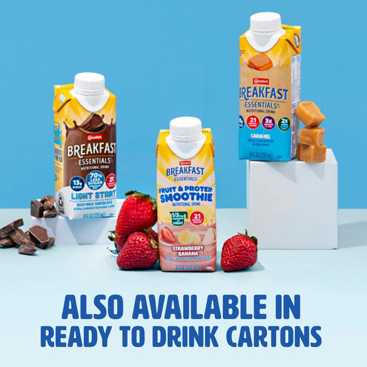 Carnation Breakfast Essentials Rich Milk Chocolate powder drink mix in a box with 10 packets, ideal for breakfast nutrition.