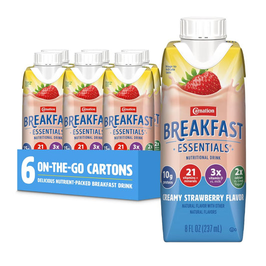 Six Carnation Breakfast Essentials ready-to-drink bottles of Rich Milk Chocolate flavor, 8 fl oz each, in a pack.