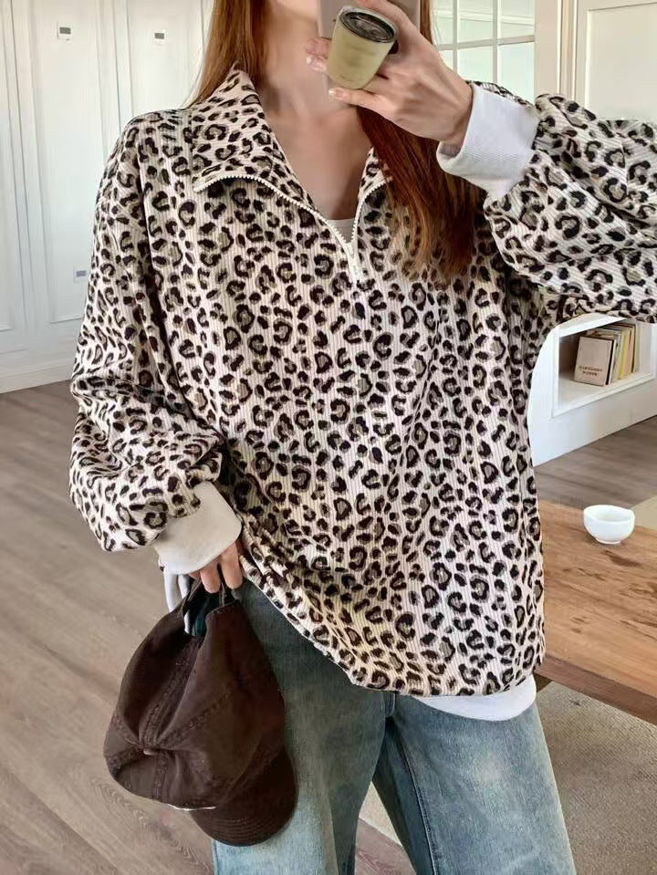 Women's casual corduroy hoodie with leopard print pattern, front view