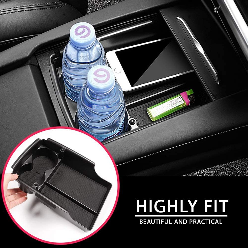 Tesla Model S and X center console armrest storage box, black plastic organizer for 2016-2021 interior storage solutions