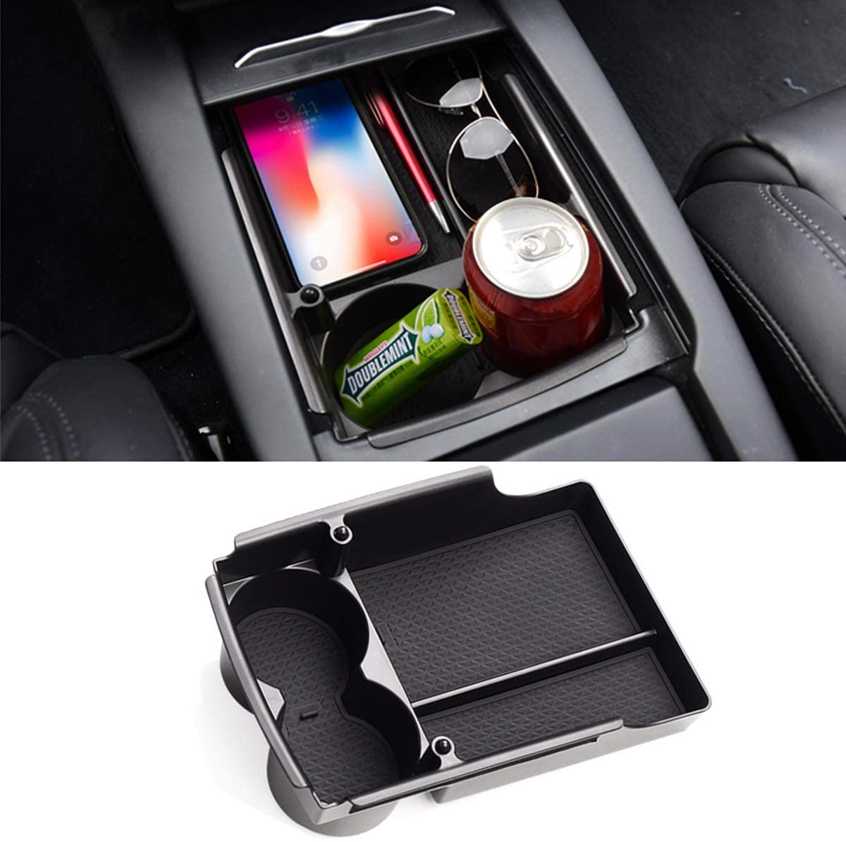 Tesla Model S/X center console armrest storage box, black interior, fits 2016-2021 models, provides organized storage space.