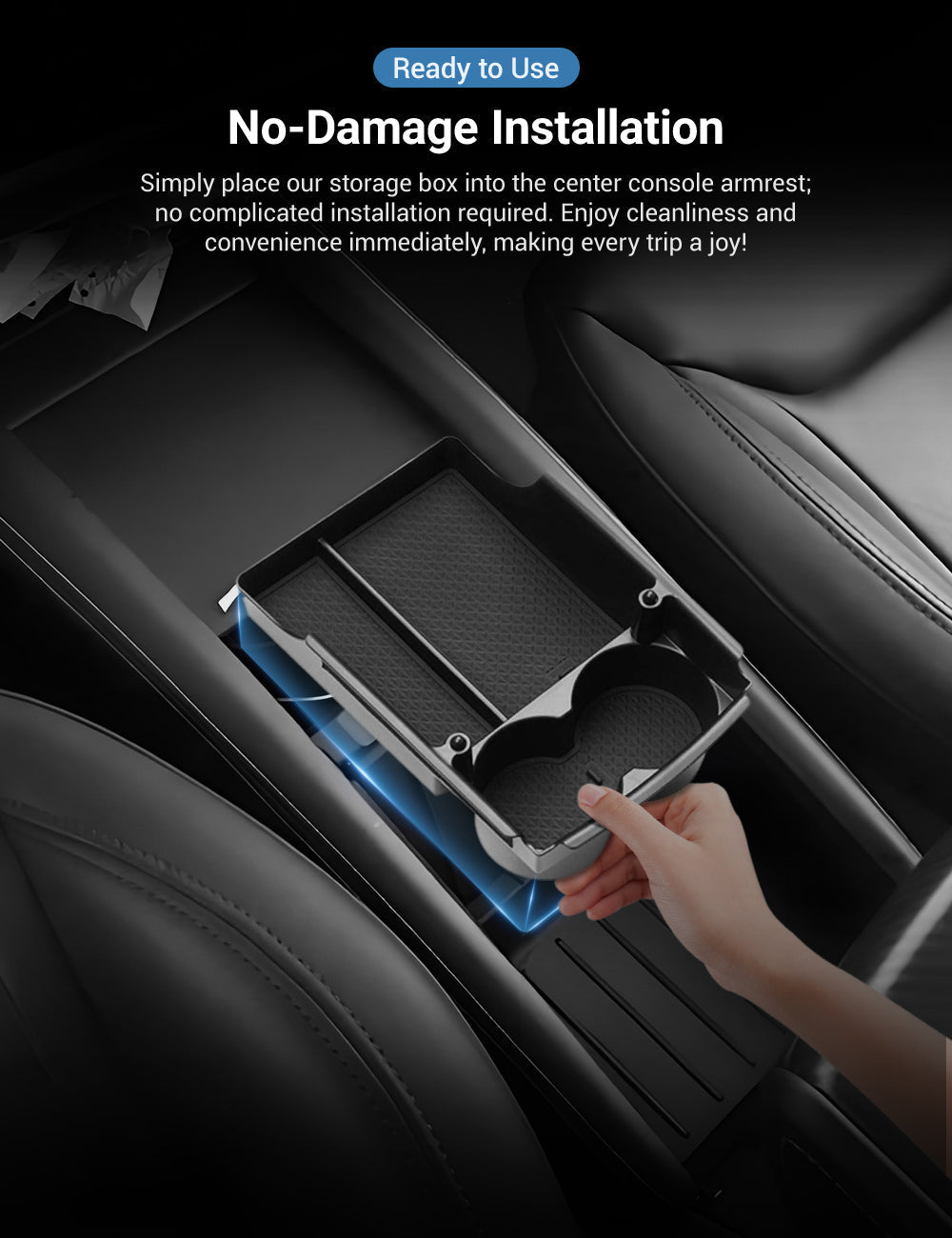 Tesla Model S/X center console armrest storage box, black plastic with compartments for organizing the interior space.