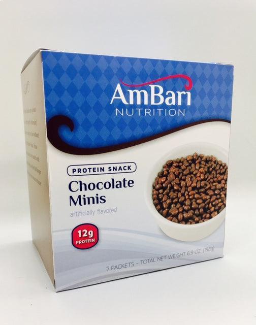 Chocolate Mini Crisps by AmBari Nutrition, close-up of small chocolate snack pieces in a bowl.