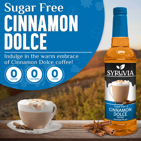 Bottle of Syruvia Sugar-Free Cinnamon Dolce Syrup with cinnamon sticks and vanilla beans on the label