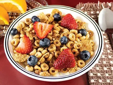Bowl of Cinnamon-O cereal from AmBari Nutrition with cinnamon-flavored cereal pieces and milk in a white bowl.