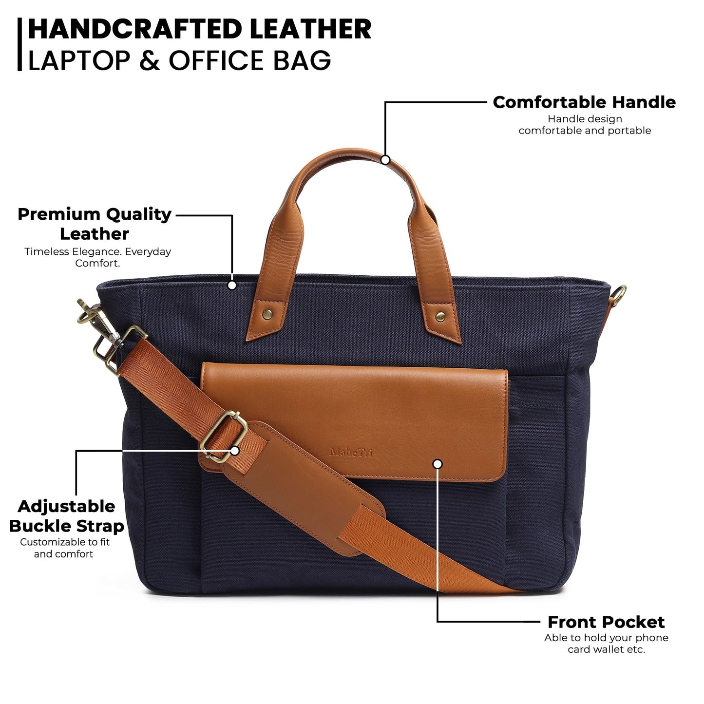 Dark blue Voyager Canvas Leather Briefcase by Classy Leather Bags, showing front view with handles and zipper closure.