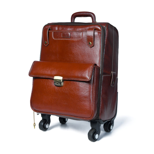 Leather trolley bag from Classy Leather Bags with sturdy handles and wheels, perfect for carry-on travel.