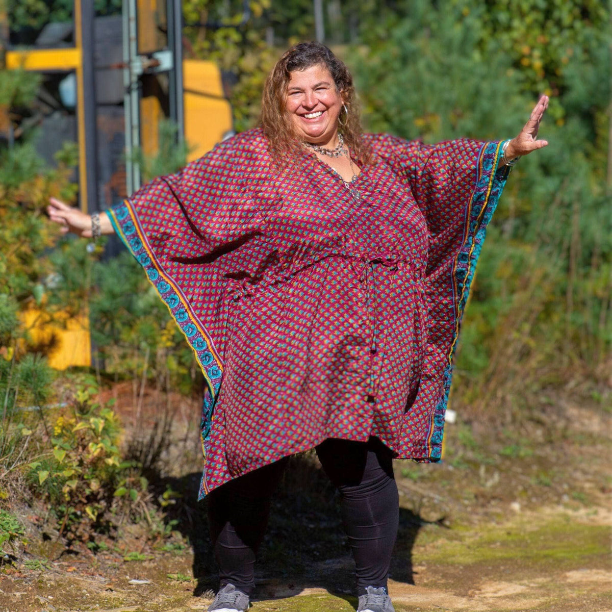 Darn Good Yarn Surplus Aanya adjustable short kaftan in warm tones, lightweight clothing with a relaxed fit and vibrant design.