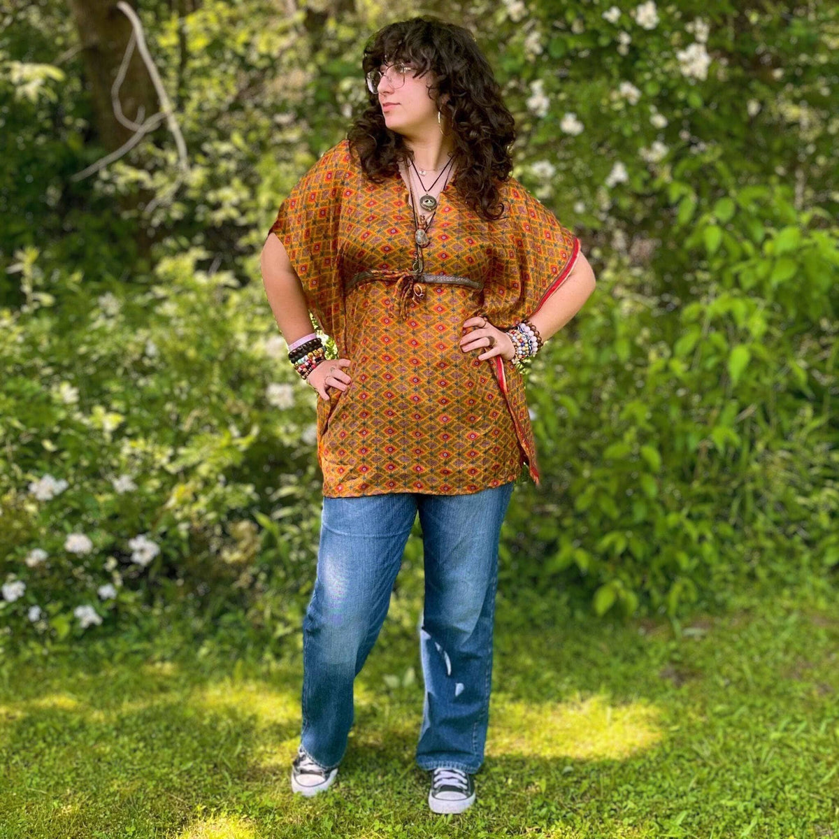 Darn Good Yarn Surplus Aanya adjustable short kaftan in warm tones, relaxed fit, lightweight clothing and accessories.