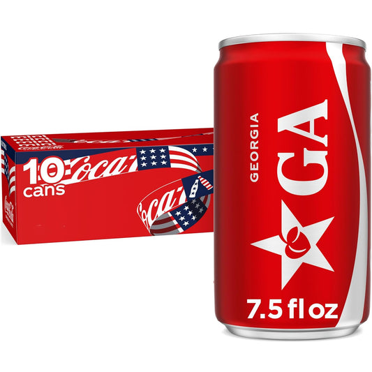 Coca-Cola soda soft drink fridge pack with 10 mini cans, 7.5 fl oz each, featuring classic red Coca-Cola branding.