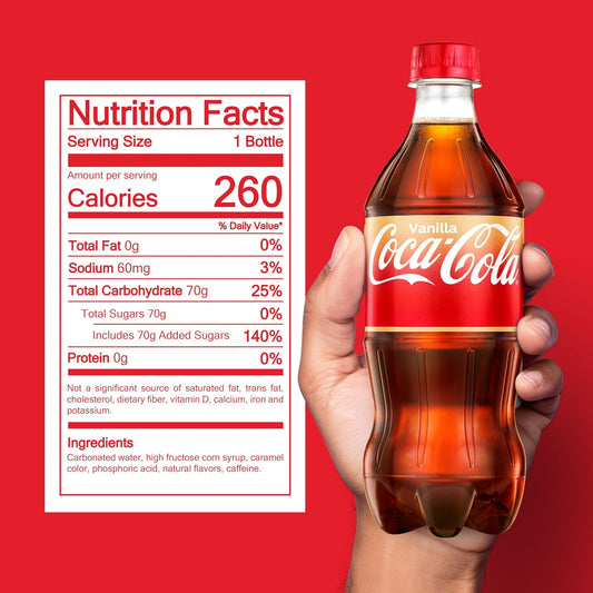 Coca-Cola Vanilla soda soft drink in a 20 fl oz bottle, featuring a classic Coca-Cola label with vanilla flavor branding.