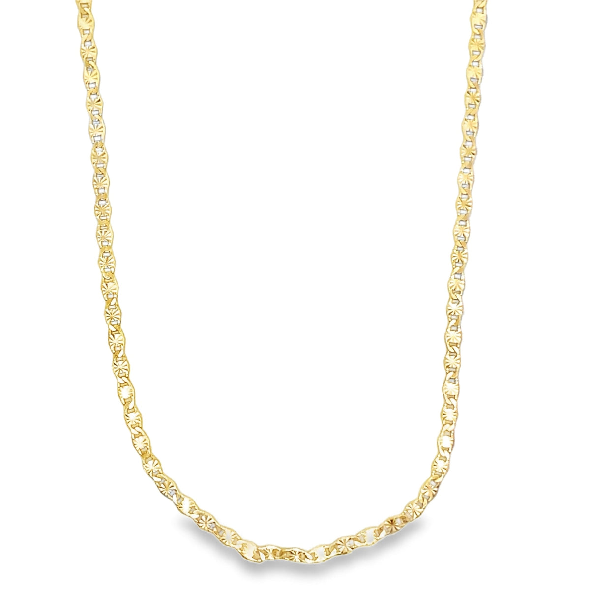 Close-up of a 2mm designed flat Mariner chain by MIA Jewelry, showcasing the sleek, interconnected flat links on a plain background.