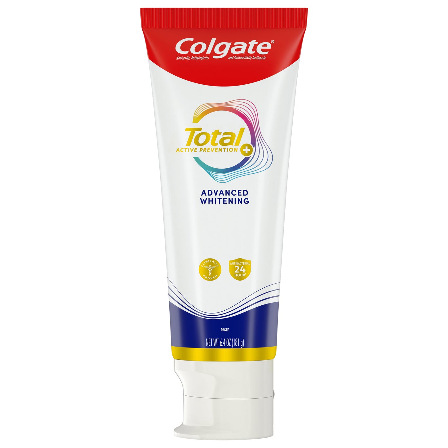 Five tubes of Colgate Total Active Prevention Plus Advanced Whitening Toothpaste, 6.4 oz each, in a multi-pack.