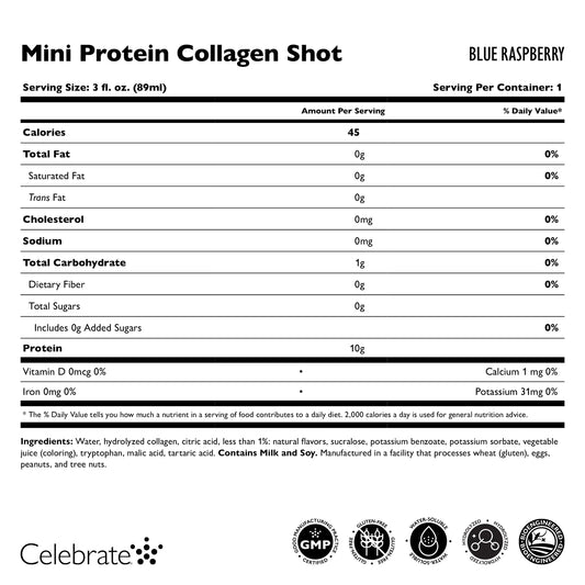 AmBari Nutrition Collagen Mini 10g protein shot in a small bottle, showcasing its clear liquid content and label on the front.