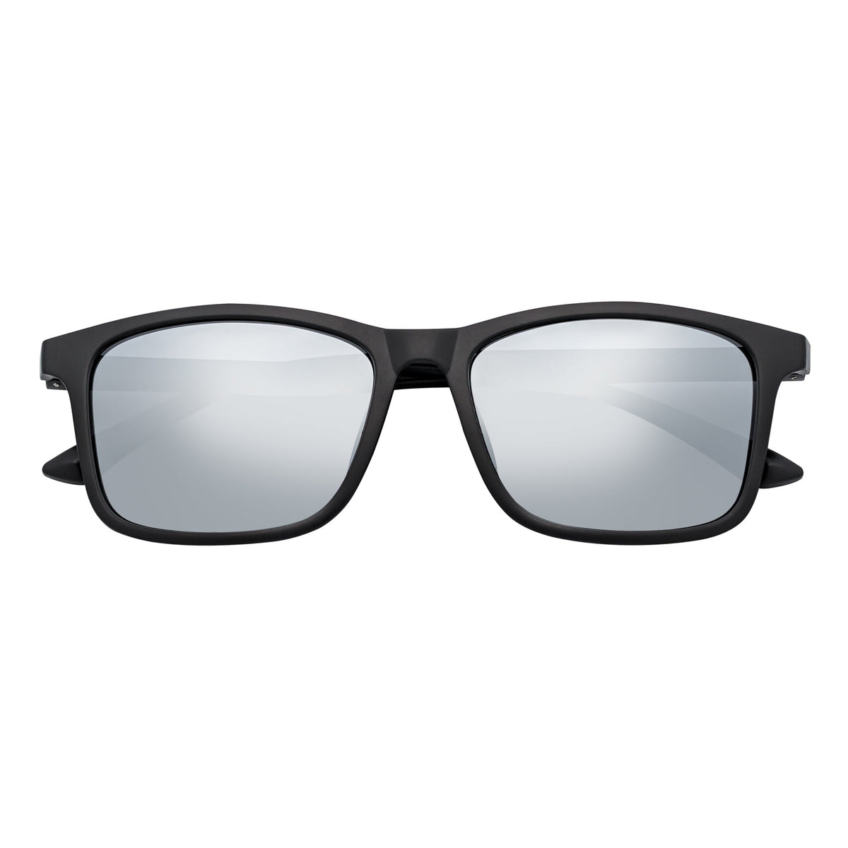 Morspecs commuter polarized horn-rimmed sunglasses with matte black frame and silver mirror lenses, outdoor eyewear for sun protection