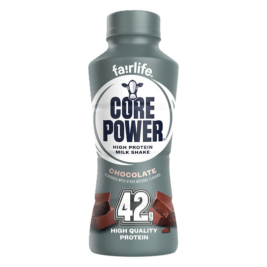 Core Power Elite Vanilla High Protein Shake in 14 fl oz bottle, featuring 42g of protein, displayed in a clear plastic container.