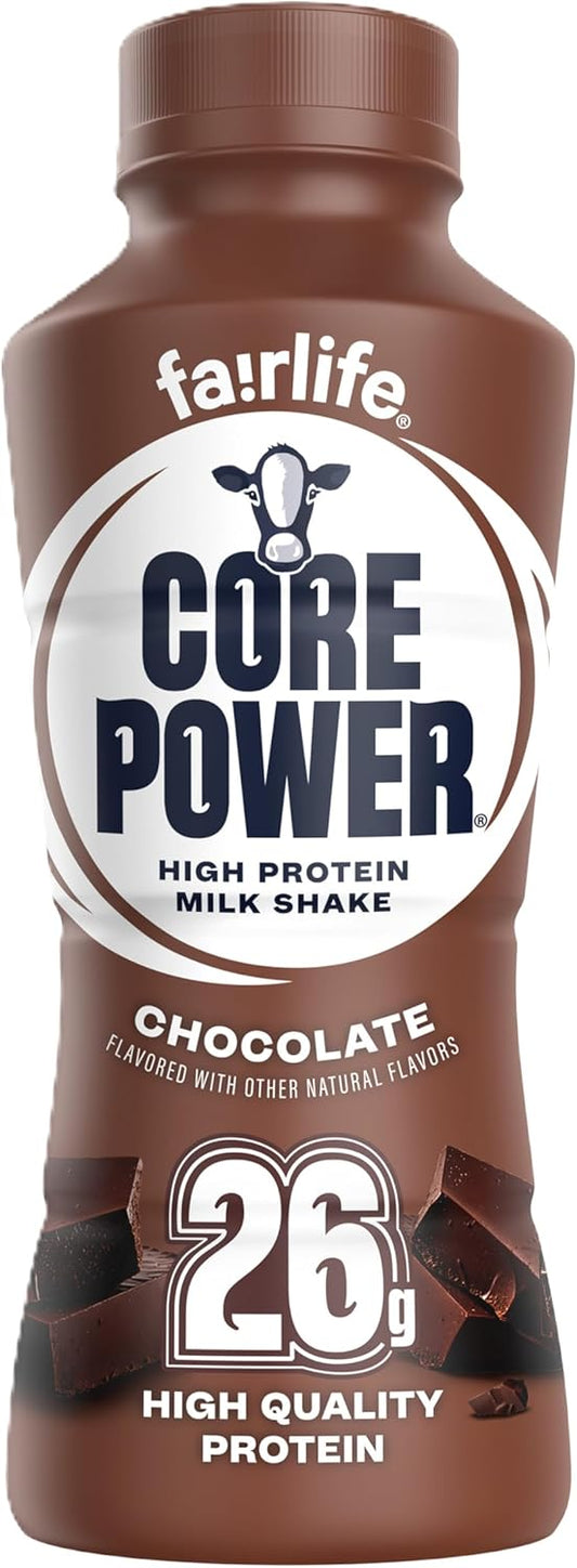 Core Power High Protein Chocolate Shake in 14 fl oz bottle, featuring creamy chocolate flavor and 26g protein for post-workout nutrition.