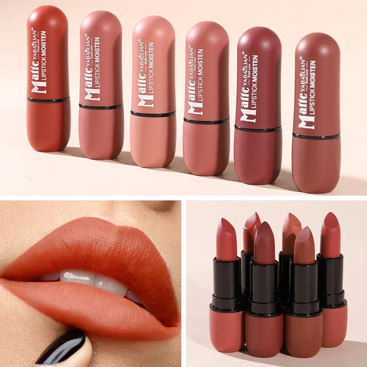 Six-color matte lipstick set by CR Cosmetic Store featuring smooth, waterproof, long-lasting velvet lip colors in various shades.