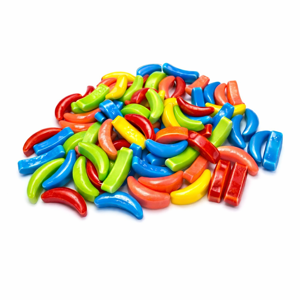 Colorful Concord Crazy Banana shaped candy from Candy In Bulk in a large value bag, featuring bright yellow banana shapes.