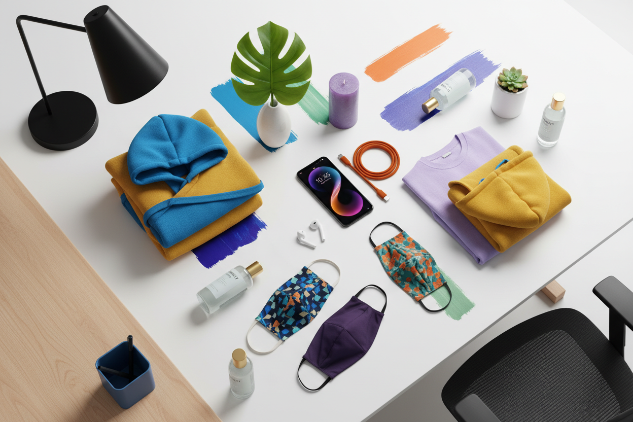 Create a beautiful and colorful set of images with tech accessories, apparel, home decor, furniture, hand sanitizers and protective face masks