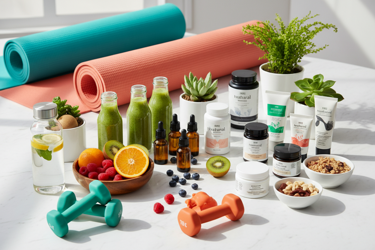 Create a beautiful image that supports Health & Welness that has bright colors with products that supports wellness and health. Include healthy living images and products