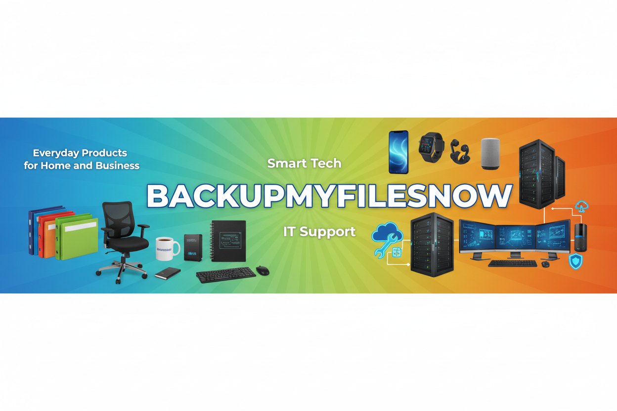 create a colorful set of images to display product categories to support Smart Tech, IT Support, and Everyday Products for Home and Business. Please add my brand BACKUPMYFILESNOW in the center of the image