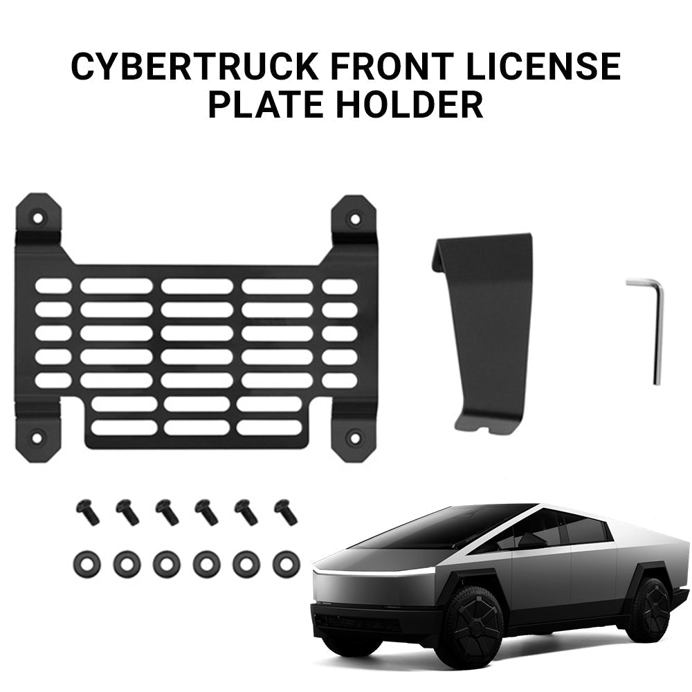 Cybertruck front license plate holder by Tesery, no-drill, anti-theft mounting kit, durable license plate frame for Cybertruck.