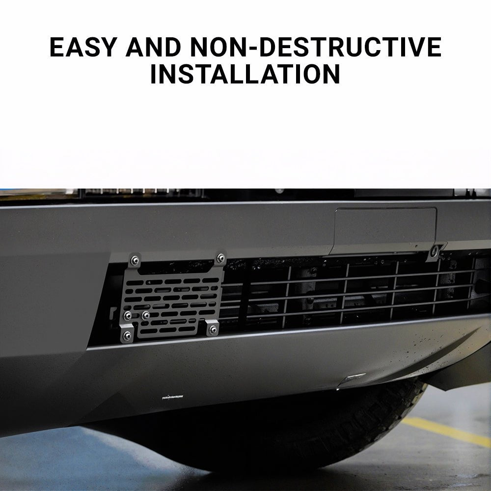 Cybertruck front license plate holder by Tesery, no-drill anti-theft mounting kit for secure, easy installation on vehicle front.