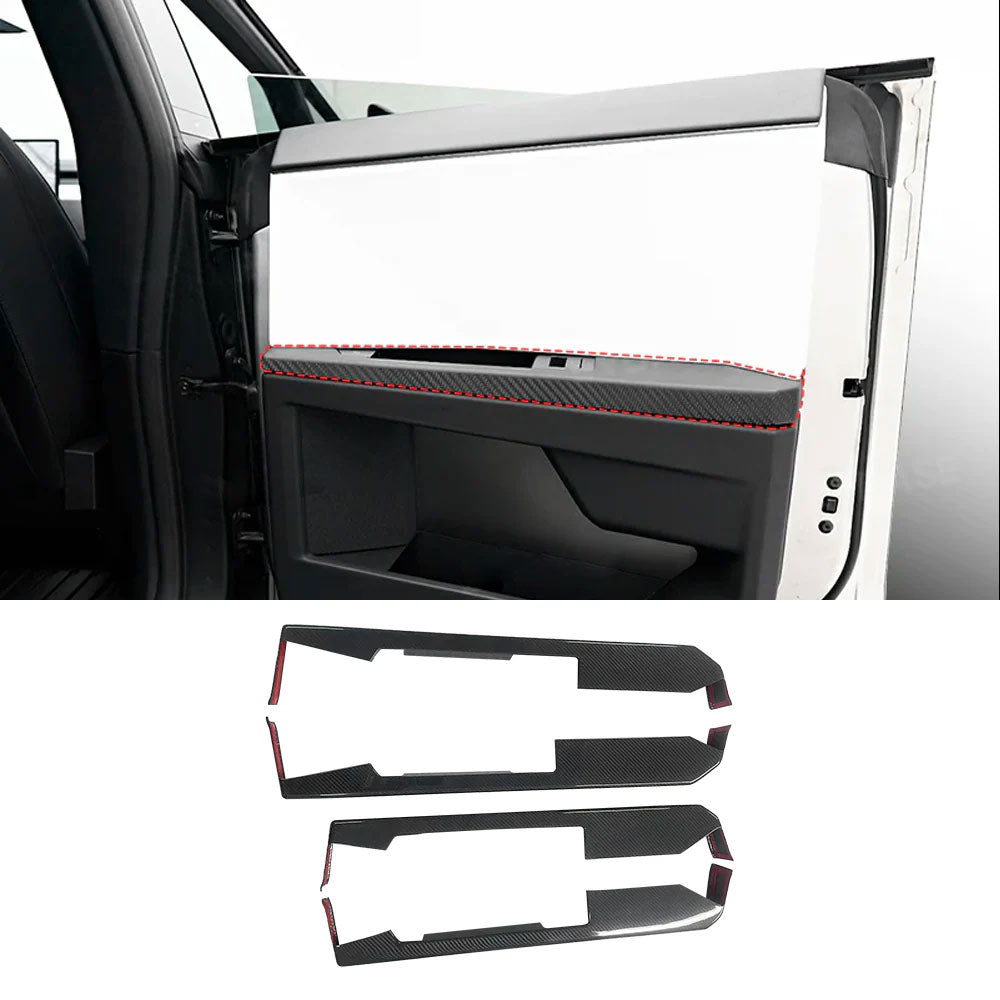 Cybertruck lower door panel armrest overlays in real molded carbon fiber, 4-piece set for Tesla Cybertruck interior upgrade.