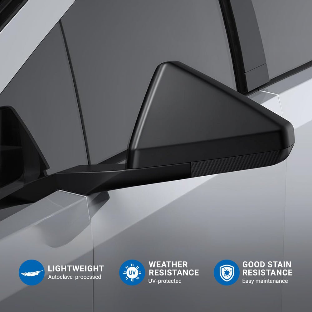 Cybertruck side mirror bottom cover with real dry carbon fiber trim by Tesery, showcasing sleek, textured carbon fiber surface.
