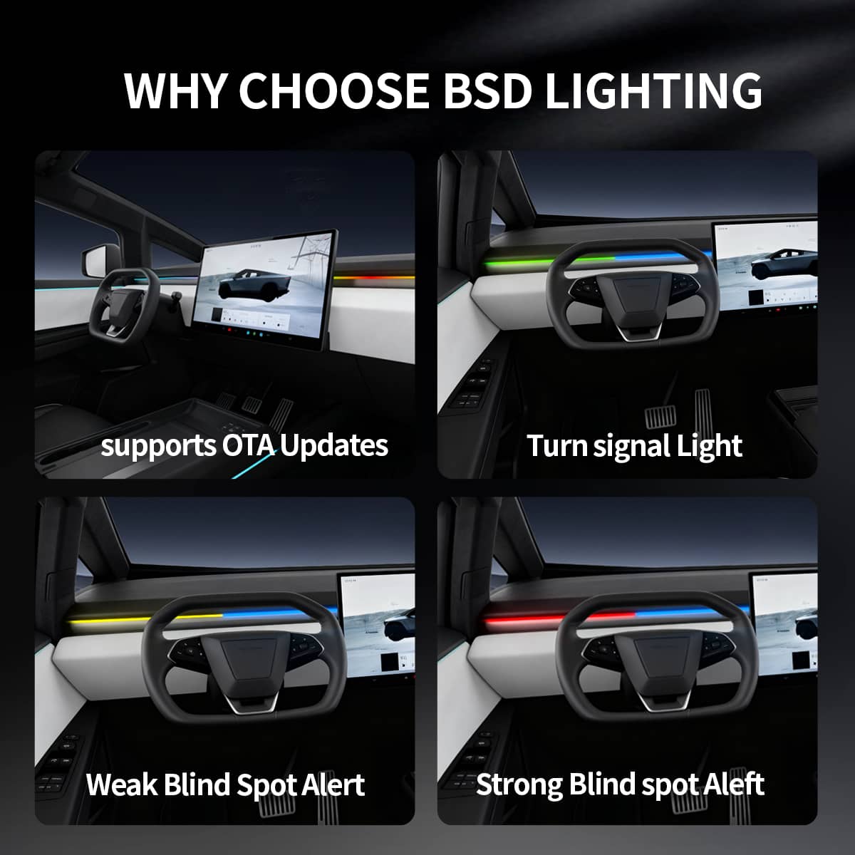 Cybertruck Smart BSD Blind Spot LED Ambient Lighting Kit by Tesery, showing sleek LED strips designed for vehicle blind spots.
