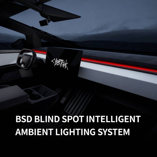 Cybertruck Smart BSD Blind Spot LED Ambient Lighting Kit by Tesery, showcasing sleek LED strips installed on a Cybertruck.