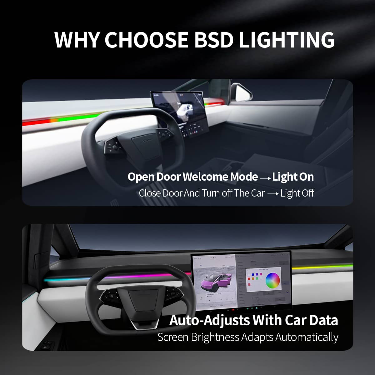 Tesla Cybertruck Smart BSD Blind Spot LED ambient lighting kit by Tesery, showing sleek LED strips installed on vehicle.