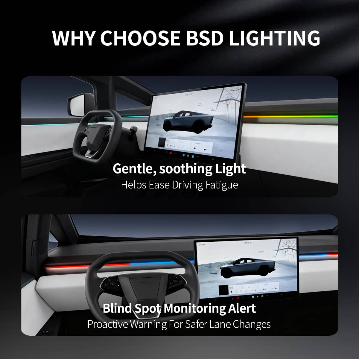 Tesla Cybertruck Smart BSD Blind Spot LED Ambient Lighting Kit by Tesery showing sleek LED strips and installation features inside the vehicle.