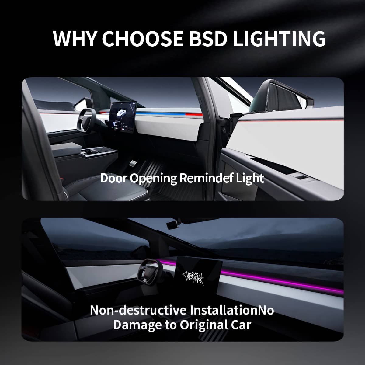 Cybertruck Smart BSD Blind Spot LED ambient lighting kit by Tesery, showing sleek LED strips installed on vehicle exterior.