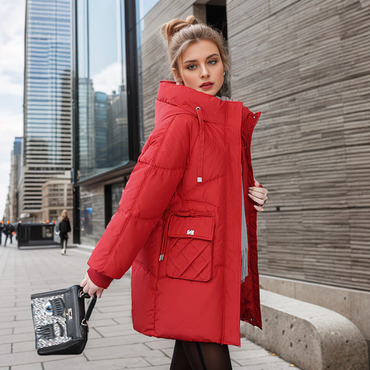 Women's winter warm hooded cotton coat with pockets, solid color thickened straight jacket outerwear