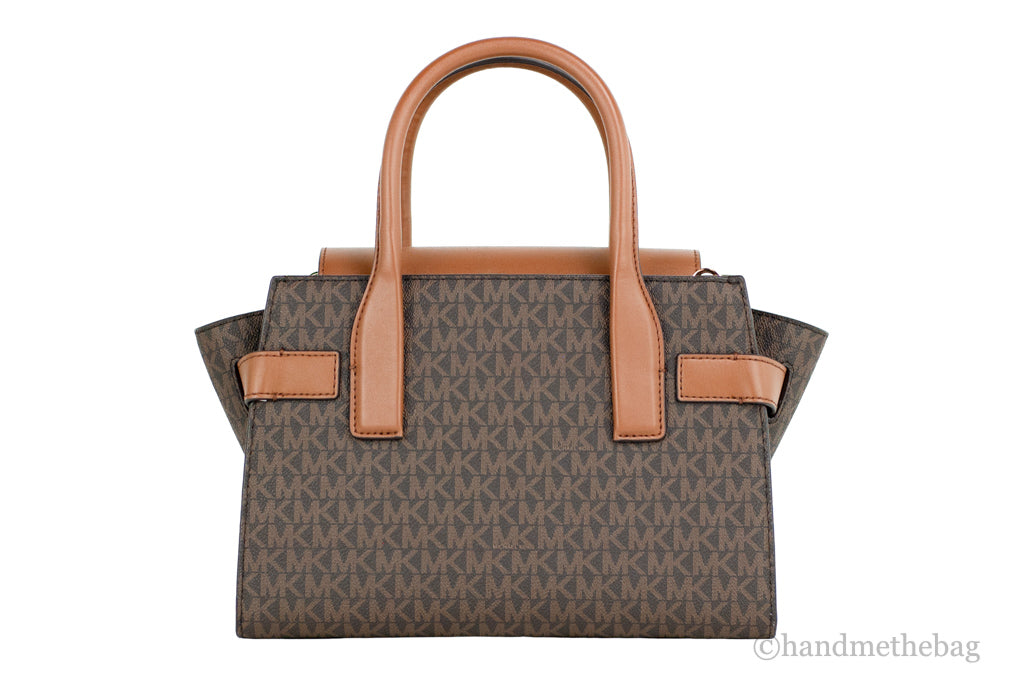 Michael Kors Carmen Signature Brown Satchel, stylish leather handbag with gold hardware and dual top handles.