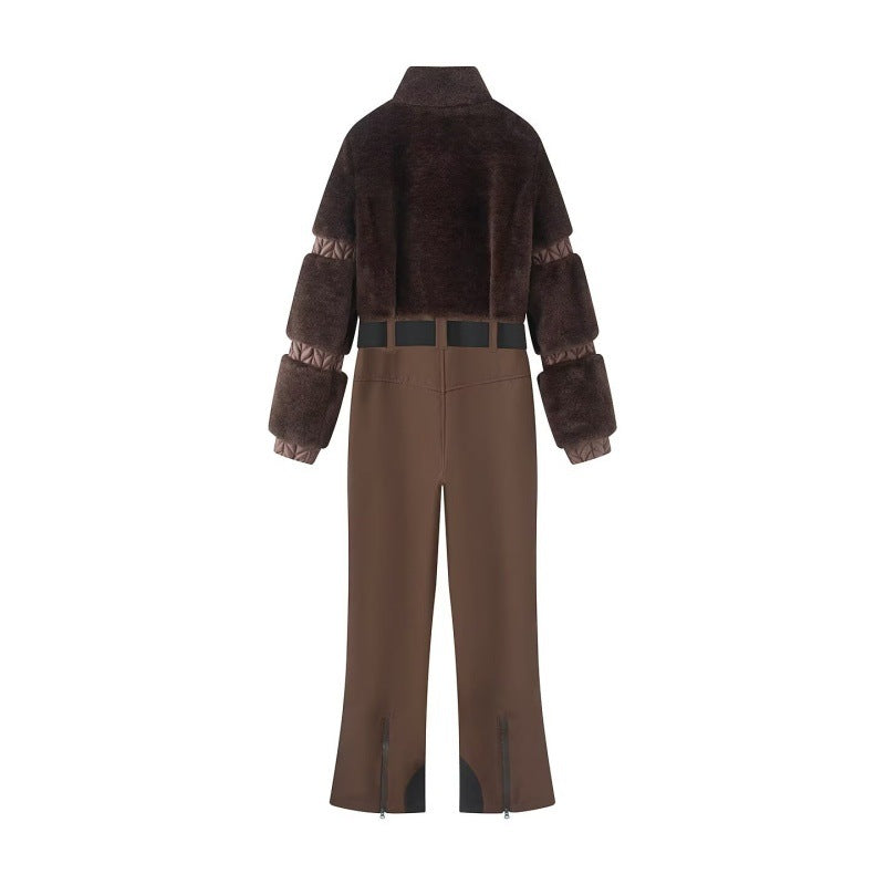 Down-filled fur patchwork zip-up thickened fluffy ski jumpsuit, full-body winter outerwear